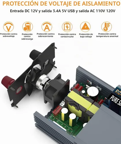 Vista 2 de Inversor de potencia de onda sinusoidal pura de 1000 W, 12 V CC a CA 110 V 120 V, potencia máxima de pico de 2000 W, con 2 tomas de CA, inversor
