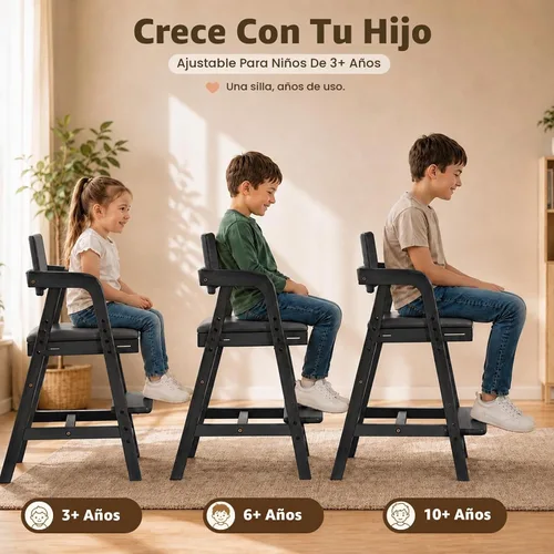 Vista 6 de Silla de comedor de madera para niños pequeños con asiento Negro
