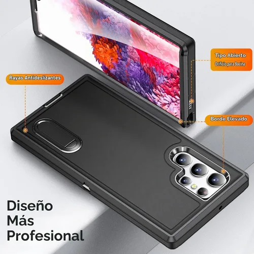 Vista 7 de Funda para Samsung Galaxy S22 Ultra con función atril de 3 capas de grado militar, funda protectora de silicona resistente a prueba de golpes