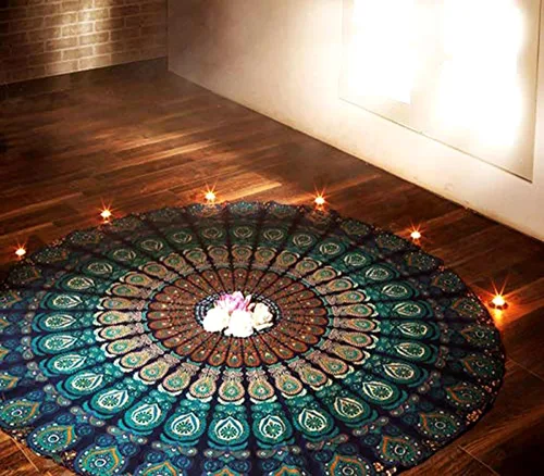 Vista 9 de raajsee Tapiz de Playa Redondo Turquesa Hippie/Boho Manta de Playa Mandala/Manta de Algodón Indio - Mantel Redondo/Decoración del Hogar/Alfombra