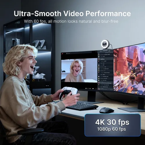 Vista 7 de NexiGo N930E Pro, cámara web 4K con luz de anillo, enfoque automático PDAF, 1080P @60FPS, micrófonos con doble cancelación de ruido, obturador