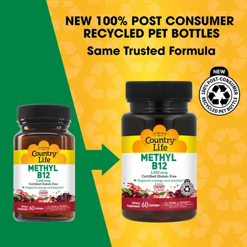 Vista 2 de Country Life Metil B12, soporta energía y resistencia, 1000 mcg, 60 pastillas, certificado sin gluten, certificado vegano