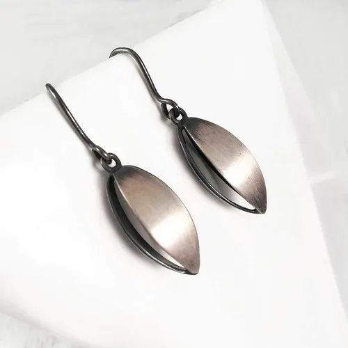 Vista 2 de Nature Inspired Geometric Earrings, Hook Dangle Drop, Sterling Silver Satin and Dark Oxidized Finish, Handmade in Peru. Great for Gift Sets.