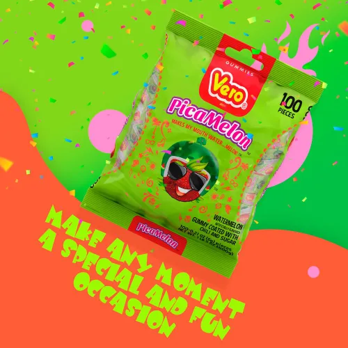 Vista 7 de Dulces Vero Pica Sandia Chili Sandia Gomitas mexicanas sabor sandía, 100 piezas, 1 libra 5.15 onzas