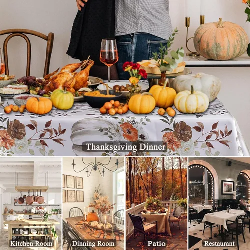 Vista 8 de Mantel rectangular con estampado de calabaza en acuarela de otoño, mantel rectangular de poliéster para otoño, resistente al agua, sin arrugas