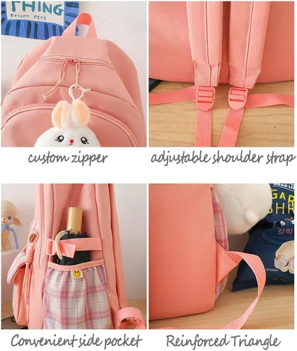 Vista 4 de HCOOLE Mochila Kawaii de 5 piezas con bonitos colgantes de felpa e insignia, mochila escolar de alta capacidad de 19 galones, bonita mochila