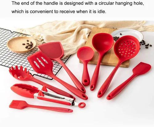 Vista 6 de 9 Piece Silicone Kitchen Utensils Set, Nonstick Cookware, Spatula, Soup Spoon, Strainer, Rice Spoon, Scraper, Spoon for
