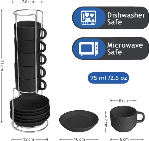 Vista 4 de MIAMIO - 6 tazas de café expreso de gres de 2.5 onzas, juego moderno de tazas con soporte y platillos - Colección Palmanova (negro) Ceramic
