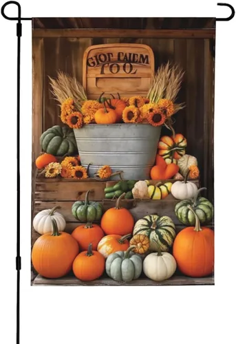Vista 11 de Bandera de Estados Unidos, calabazas y girasoles, bandera de jardín, otoño, vacaciones, bienvenida, patio, granja, exteriores, banderas decorativas