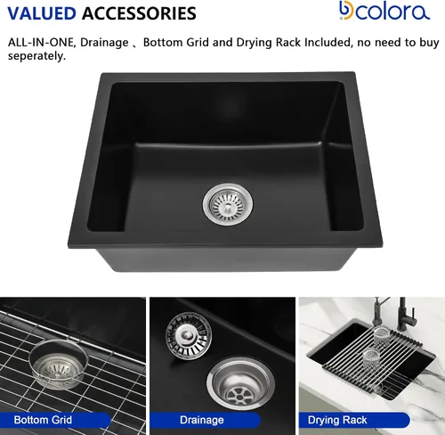 Vista 5 de Dcolora Fregadero de Barra de Composite de Cuarzo de 22 Pulgadas Negro Bajo Encimera Pequeño Fregadero de Cocina de Composite de Granito Prep RV