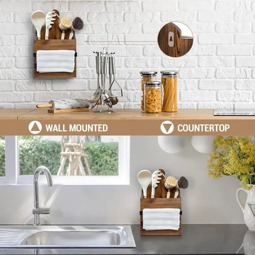 Vista 6 de MyGift Soporte rústico para utensilios de madera maciza montado en la pared con barra de toalla – Estante organizador de cocina estilo tabla