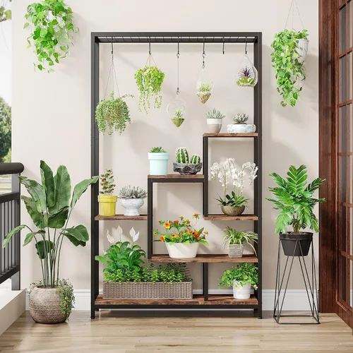 Vista 3 de LITTLE TREE Soporte alto para plantas de interior de 5 niveles, estante de metal grande de 70.9 pulgadas para macetas de bonsái, estante de Marrón