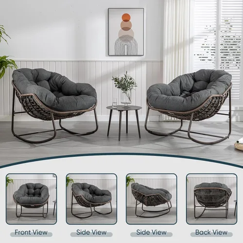 Vista 6 de Juego de 2 mecedoras para exteriores, silla mecedora de huevos de mimbre de gran tamaño, para interiores y exteriores, cómoda silla mecedora con Gris