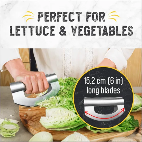 Vista 4 de Herramienta de corte de ensalada Checkered Chef, cuchillo Mezzaluna de acero inoxidable para vegetales