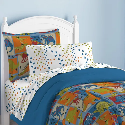 Vista 8 de Dream Factory Dinosaur Blocks - Juego de edredón de microfibra ultrasuave para niños, color azul, tamaño individual Bloques de dinosaurios azules