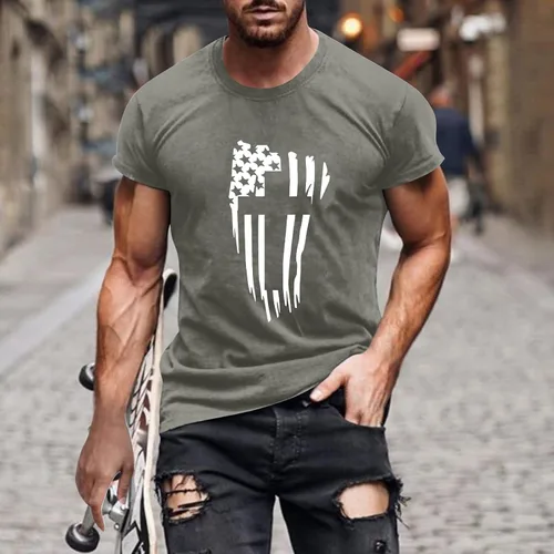 Vista 2 de Camiseta patriótica para hombre con la bandera de Estados Unidos con la fe de Jesús y la cruz del 4 de julio, cuello redondo, camisas de manga corta