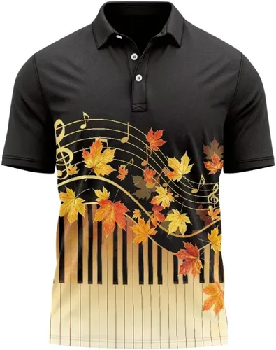 Vista 15 de HUGS IDEA Camiseta casual retro para hombre, diseño de calavera de manga corta Nota musical de hoja de otoño