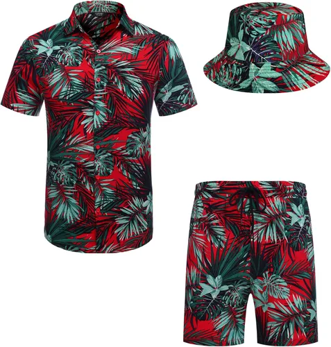 Vista 2 de COOFANDY Conjunto de camisa hawaiana y pantalones cortos para hombre, traje de playa de 2 piezas con sombreros de pescador