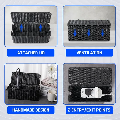 Vista 5 de Caja de organización de cables, organizador de cables de ratán hecho a mano con 2 ranuras abiertas, organizador de cables para regleta de Negro