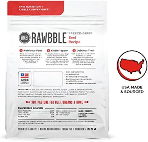 Vista 2 de BIXBI Rawbble - Alimento liofilizado para perros, receta de res, 4.5 onzas, 98% de carne y órganos, sin rellenos, comida cruda para perros apta