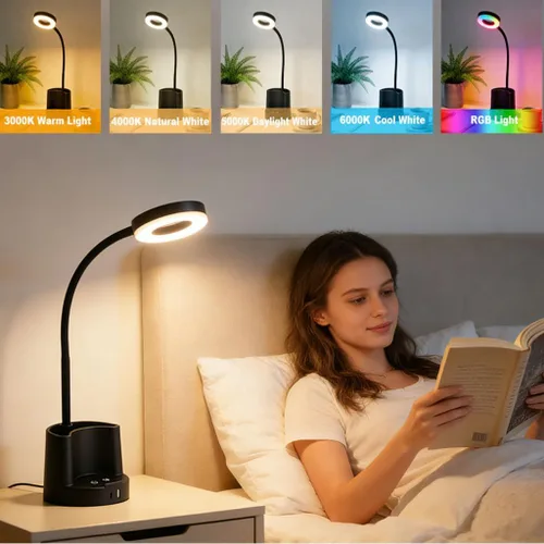 Vista 3 de HomeFocus Lámpara de escritorio, lámpara de escritorio LED RGB, lámpara de mesa, luz de lectura y luz nocturna para oficina en casa, negro