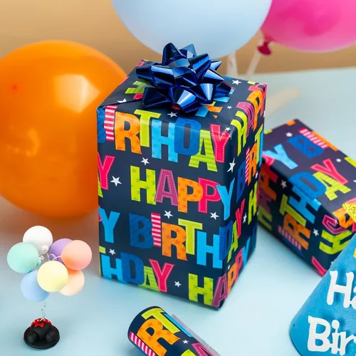 Vista 5 de Garbendy Papel de regalo de cumpleaños – Mini rollo – 17 pulgadas x 16.5 pies – Coloridas letras felices en papel azul papel de regalo perfecto
