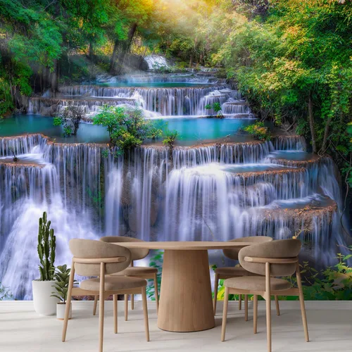 Vista 3 de wall26 Mural de pared extraíble mural de pared cascada escénica luz del sol río bosque naturaleza vida silvestre fotografía realismo paisaje rústico
