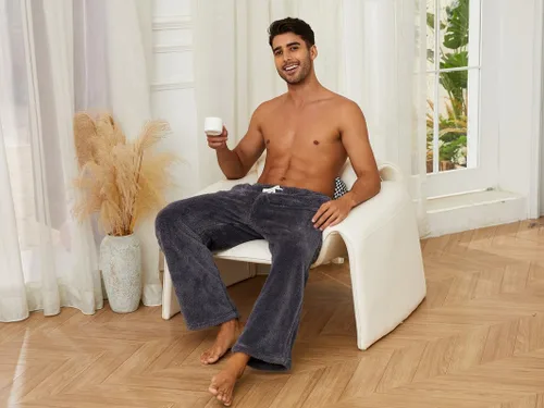 Vista 4 de Vulcanodon 2 Pack Mens PlushWarmPajama Pants, Fluffy Soft Fleece Sleep Pant with Pockets Lounge Pj Bottoms for Men