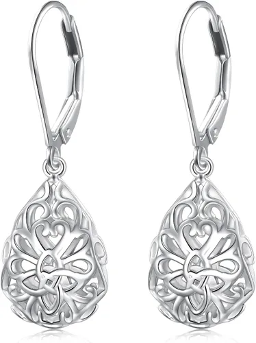 Vista 104 de Aretes colgantes de filigrana de plata de ley 925, margarita, loto, flor de rosa, piedra lunar, lágrima para mujer, nudo celta infinito, margarita