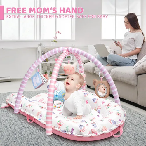 Vista 4 de Tapete de juego rosa para bebé, 7 en 1, tapete de gimnasio infantil para desarrollo sensorial y motor, lavable y portátil, tapete de actividad