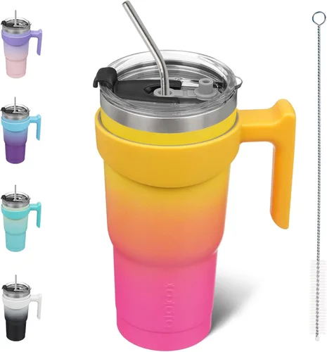 Vista 65 de BJPKPK Mini vaso de 10 onzas con tapa, popote y asa, taza de acero aislada