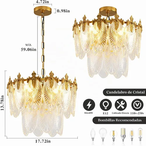Vista 3 de Antique Chandeliers 2-Layer Gold Crystal Glass Chandelier, 4-Light Round Pendant Light 17.7" Brushed Brass Adjustable Height, Applicable to Dining
