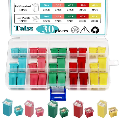 Vista 5 de Taiss - Juego de 30 fusibles en forma de caja, fusibles automotrices de perfil alto/estándar y bajo, fusibles automotrices de 20 A, 30 A, 40 A, 50