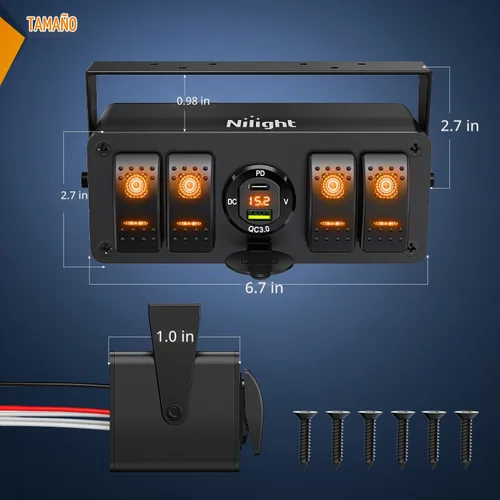 Vista 6 de Nilight 4 Gang Rocker Switch Box 12V SPST ON Off Orange LED Impermeable Ámbar+Caja