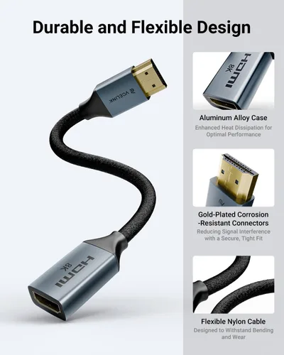 Vista 4 de VCELINK Cable extensor HDMI corto de 8K de 0.6 pies macho a hembra, adaptador de alta velocidad de 48 Gbps compatible con 8K @60Hz, 4K @120Hz/144Hz