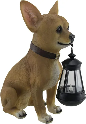 Vista 2 de Zeckos Little Light Keeper: Estatua de Chihuahua con linterna LED – Figura de decoración al aire libre para jardín, patio y patio – Compañero