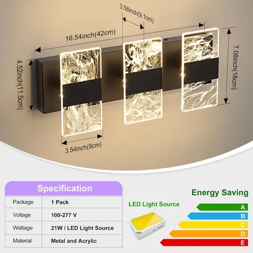 Vista 5 de Luminarias LED Modernas para Baño Regulables, Luz de Tocador Negra de 3 Luces, Luminaria de Iluminación Ajustable 5CCT Luces de Tocador Sobre
