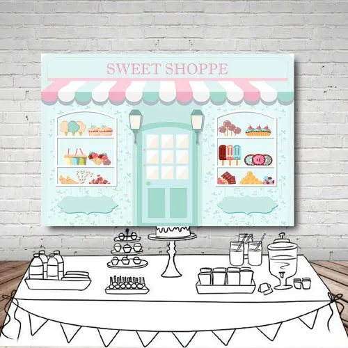 Vista 8 de MEHOFOND Telón de fondo Sweet Shoppe de 5 x 3 pies para niña, fondo de fotografía de cumpleaños, pancarta de fiesta para niños, baby shower, dona