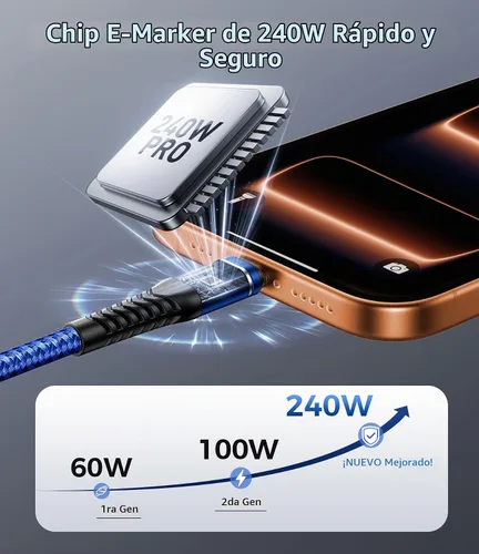 Vista 3 de Cable USB C a USB C (6 pies, paquete de 2 unidades) Cable de carga rápida de 240 W tipo C Azul