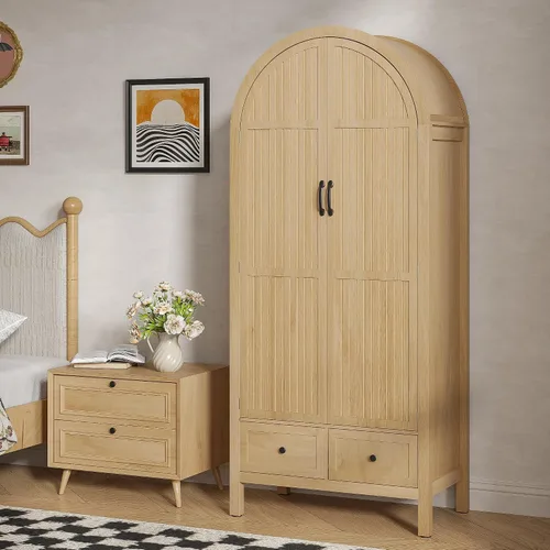 Vista 5 de Lxsxlome Armario moderno con cajones y 2 puertas arqueadas acanaladas, 70.87 pulgadas de alto, armarios de madera con estantes y barra para colgar