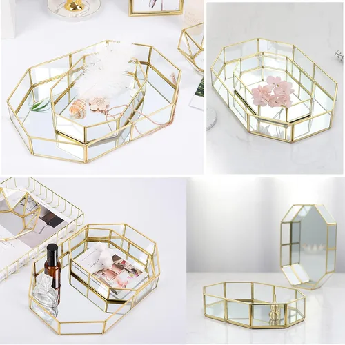 Vista 2 de Hipiwe Mirror Glass Vanity Tray - Gold Ornate Makeup Organizer Perfume Tray