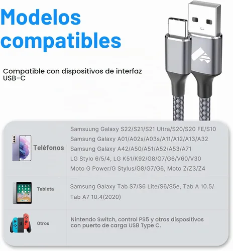 Vista 7 de Aioneus Cable USB C 3A de carga rápida [2 unidades, 6 pies] USB A a tipo C cable de carga para Samsung Galaxy S22 S21 A01 A02s A03s A11 A12 A13 A14