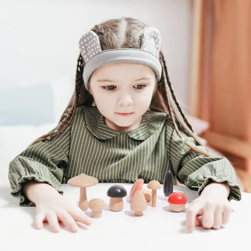 Vista 9 de Juguetes de madera con forma de hongos, bloques de madera Montessori, apilables, juguetes para niños pequeños, 11 piezas, hongos en miniatura 12