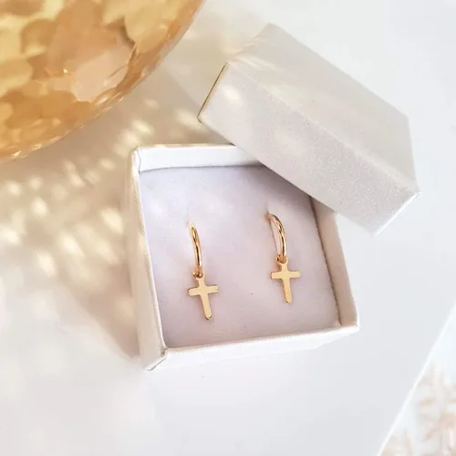 Vista 4 de Cross Daggle hoop earrings Gold cross earrings Minimal earrings Dainty Cross Earrings Huggie earrings 14K Gold Filled Earrings Christmas gift