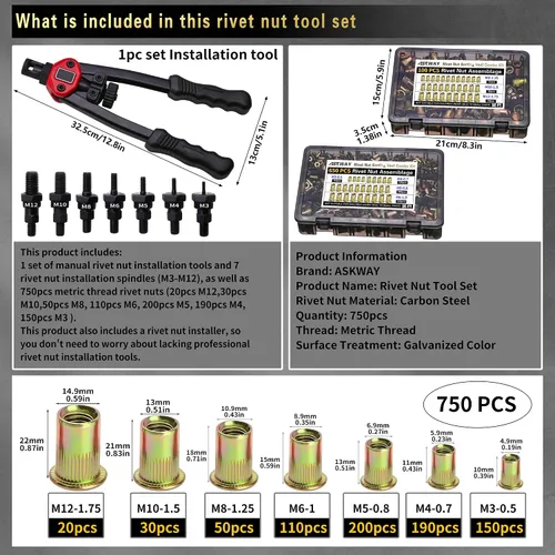 Vista 2 de Kit de herramientas de tuerca de remache a presión, 750 piezas combinación de tuercas remachables métricas (M6/M5/M4/M3), adecuado para muebles