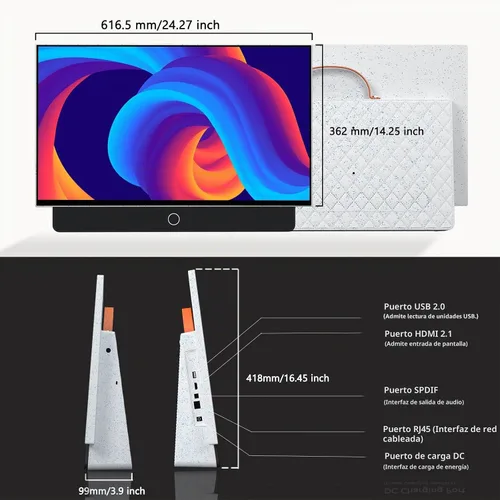 Vista 8 de TV portátil de 27 pulgadas FHD 1080P Android14 OS con Google TV, batería de 9000 mAh, Dolby Audio, 100% sRGB, asistente de Google, mango de cuero