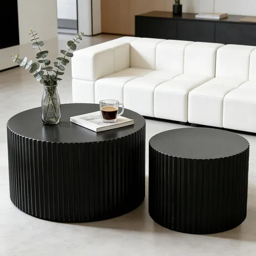 Vista 14 de Juego de 2 mesas auxiliares redondas de travertino de 18 pulgadas (travertino) for Living Room, Travertine Side End Table, Nested Design, Mid
