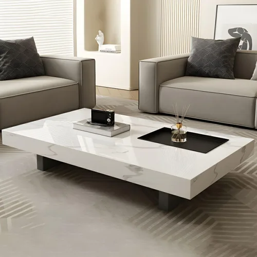 Vista 3 de LAKIQ Mesa central rectangular para sala de estar, mesa de centro moderna con parte superior de piedra con bandeja negra pequeña