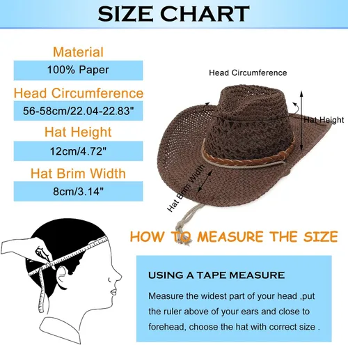 Vista 4 de EOZY Sombrero de paja para mujer y hombre, sombrero de sol para vaqueras, sombrero de sol de playa estilo occidental con correa de barbilla