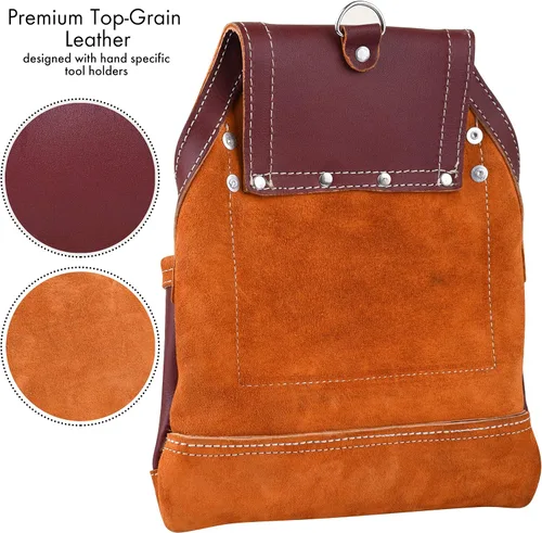 Vista 10 de Bolsa profesional de 10 bolsillos para herramientas de carpintero Cuero de grano premium resistente, soporte de marco ajustable de refuerzo